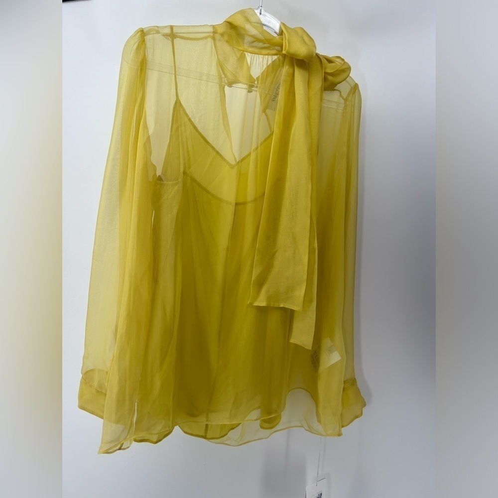 Valentino Garavani Women's US 6/ IT 42 Silk Chiffon Neck-Tie Blouse Yellow NWT